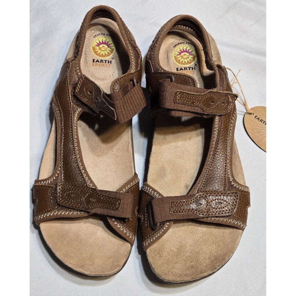 Earth Spirit Womens Brown Leather Comfort Sandals Sz 11 Adjust Straps Casual NWT
